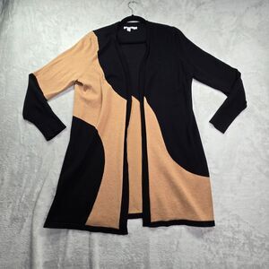 Chico's Cardigan Women's 1 Med Black Tan Open Front Sweater Lightweight Long